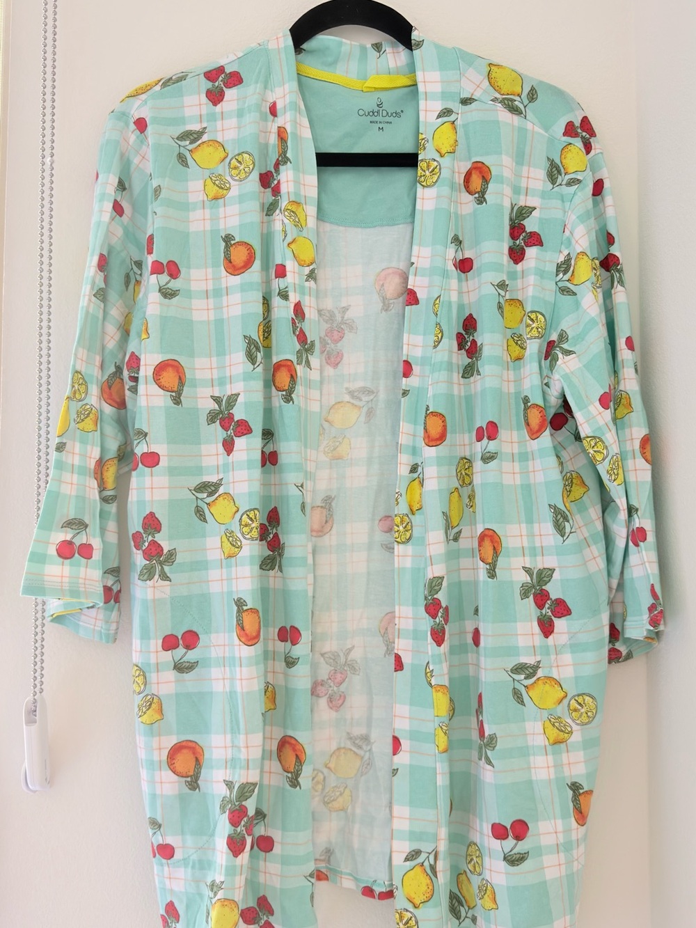 Cuddl Duds Mint Plaid Fruit-Print Open Cardigan